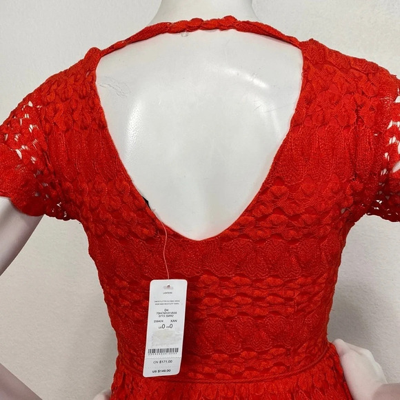 Bebe "NEW" Sheer Romantic Red Lace Bohemian Maxi Dress Size 0 - Picture 7 of 11